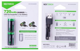 Bild på Nextorch Uppladdningsbart CR123 batteri med laddkontakt i batteriet. 2-pack